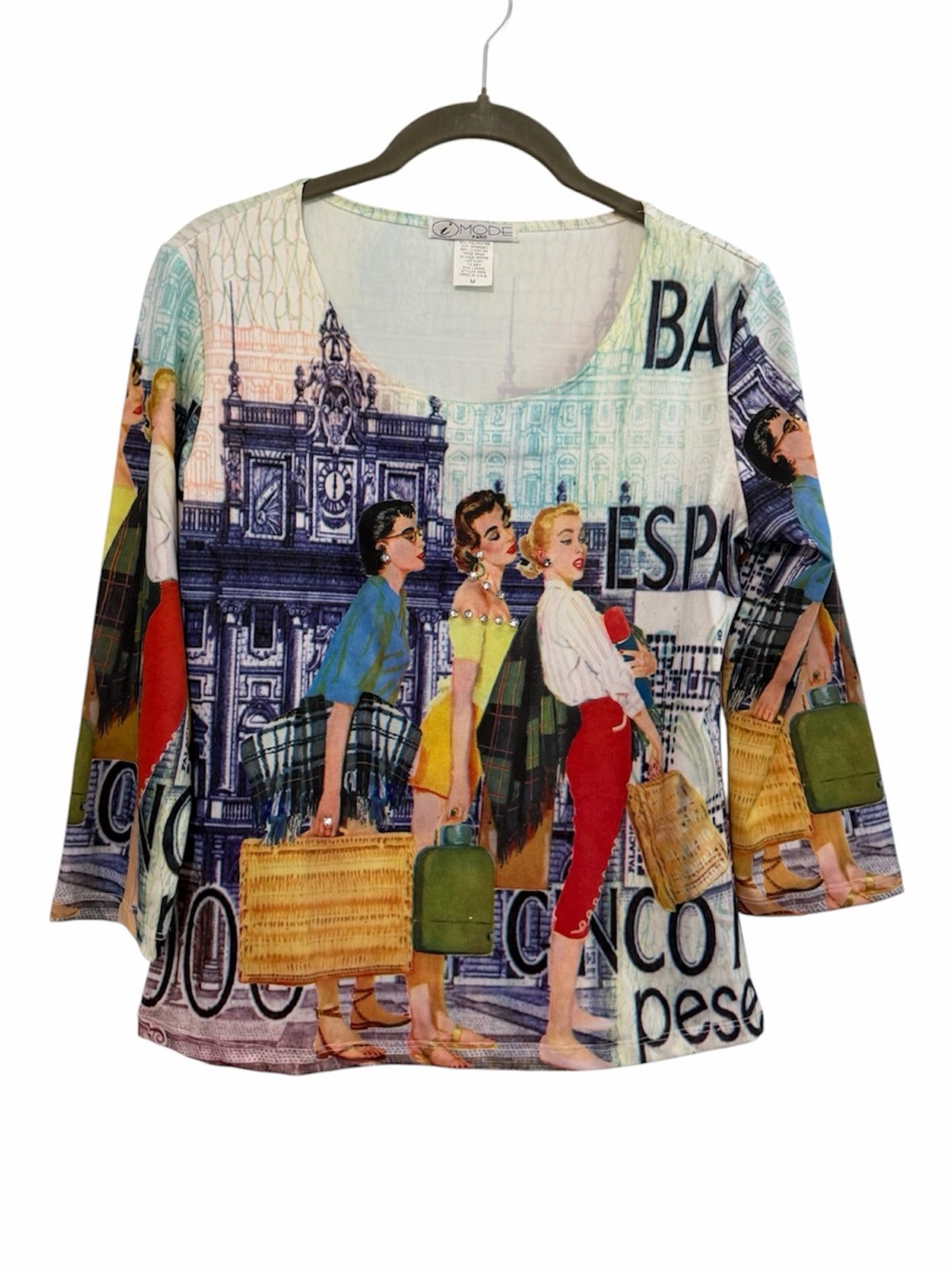 Z Mode Paris Barcelona Rhinestone Novelty Print Top Made in USA M